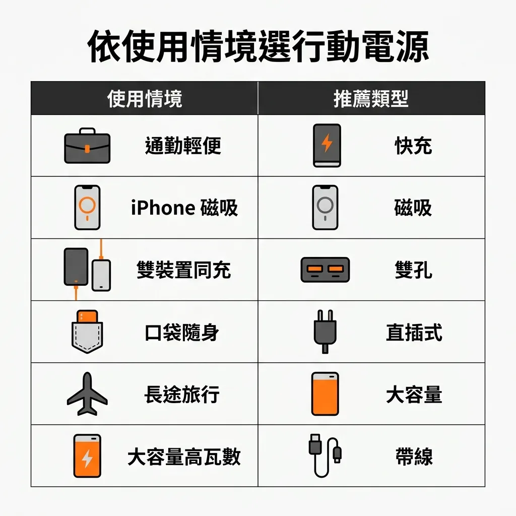 依使用情境挑選行動電源比較表，整理磁吸、快充、雙孔與大容量等選擇